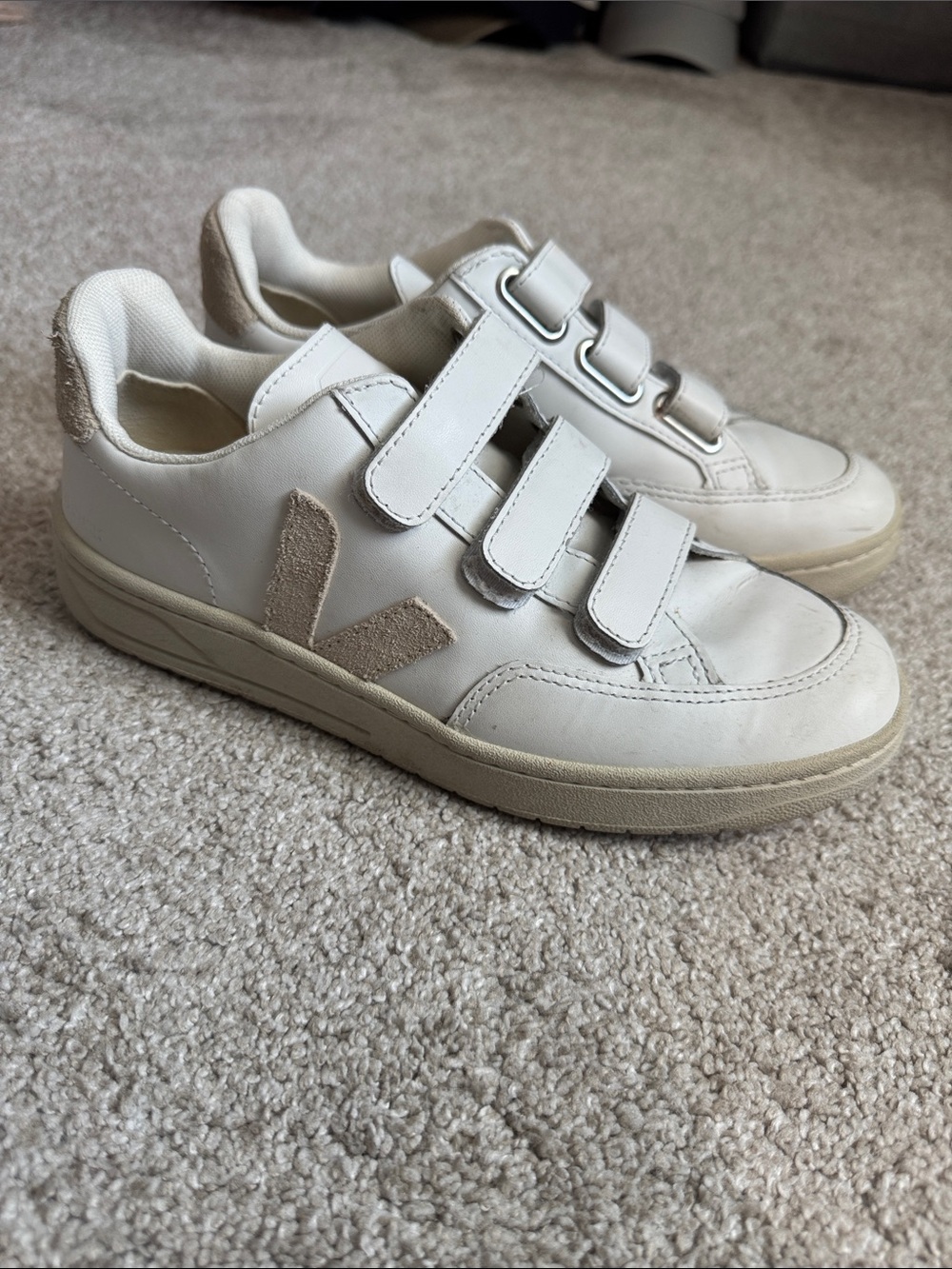 Veja Women’s White Velcro Sneakers with Tan Accent